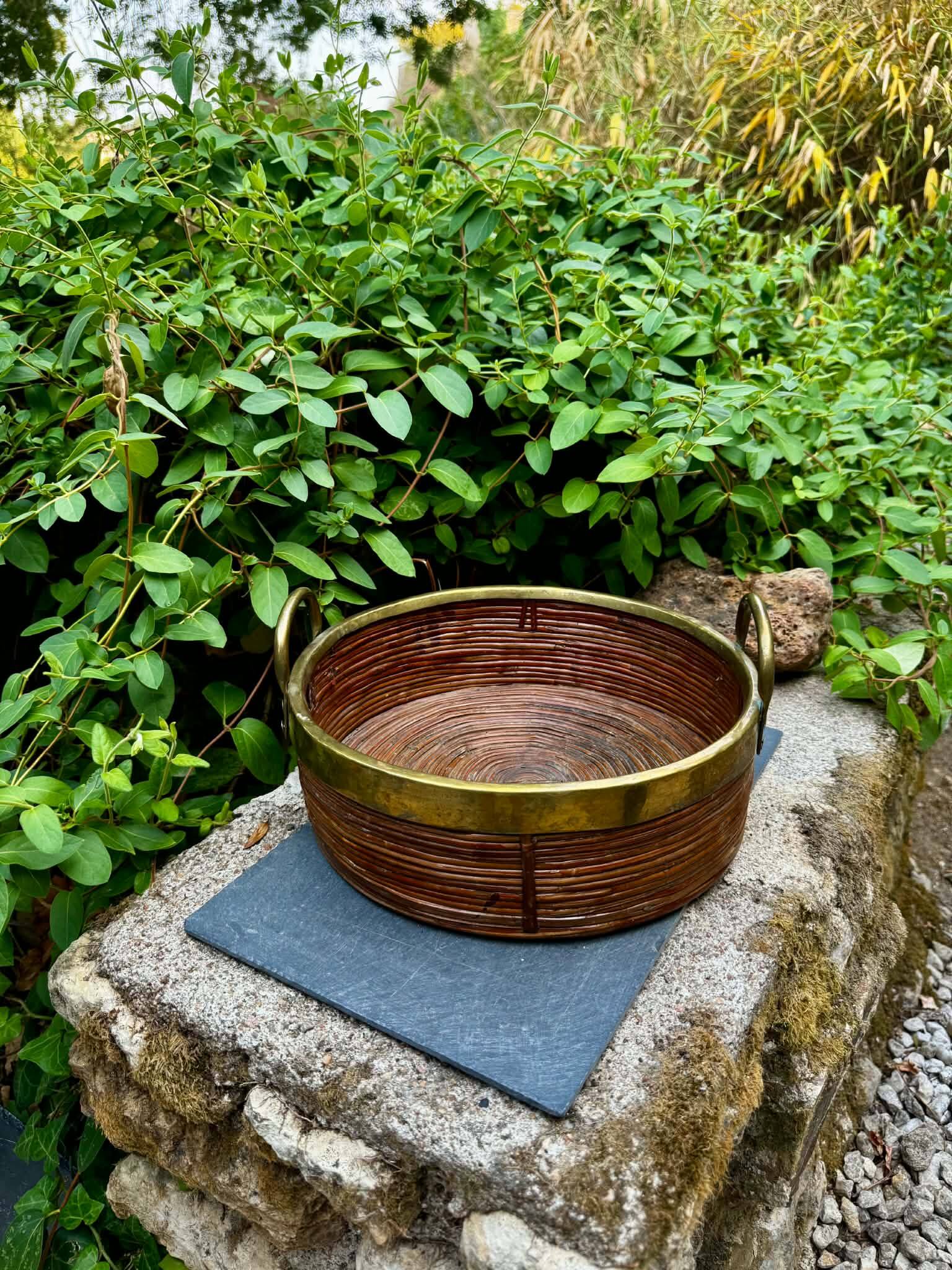 Gabriella Crespi vintage rattan and brass plateau from the 1960s.