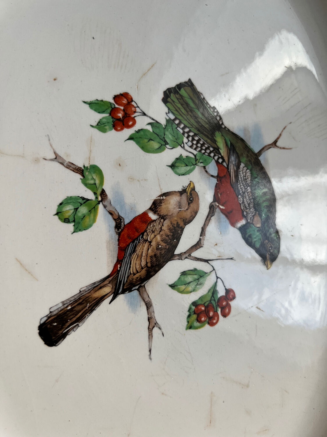 Old oval dish in Badonviller earthenware, decorated with Les Oiseaux.