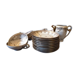 10 cups and tea saucers Limoges porcelain DRB Manufacture decor signed JS