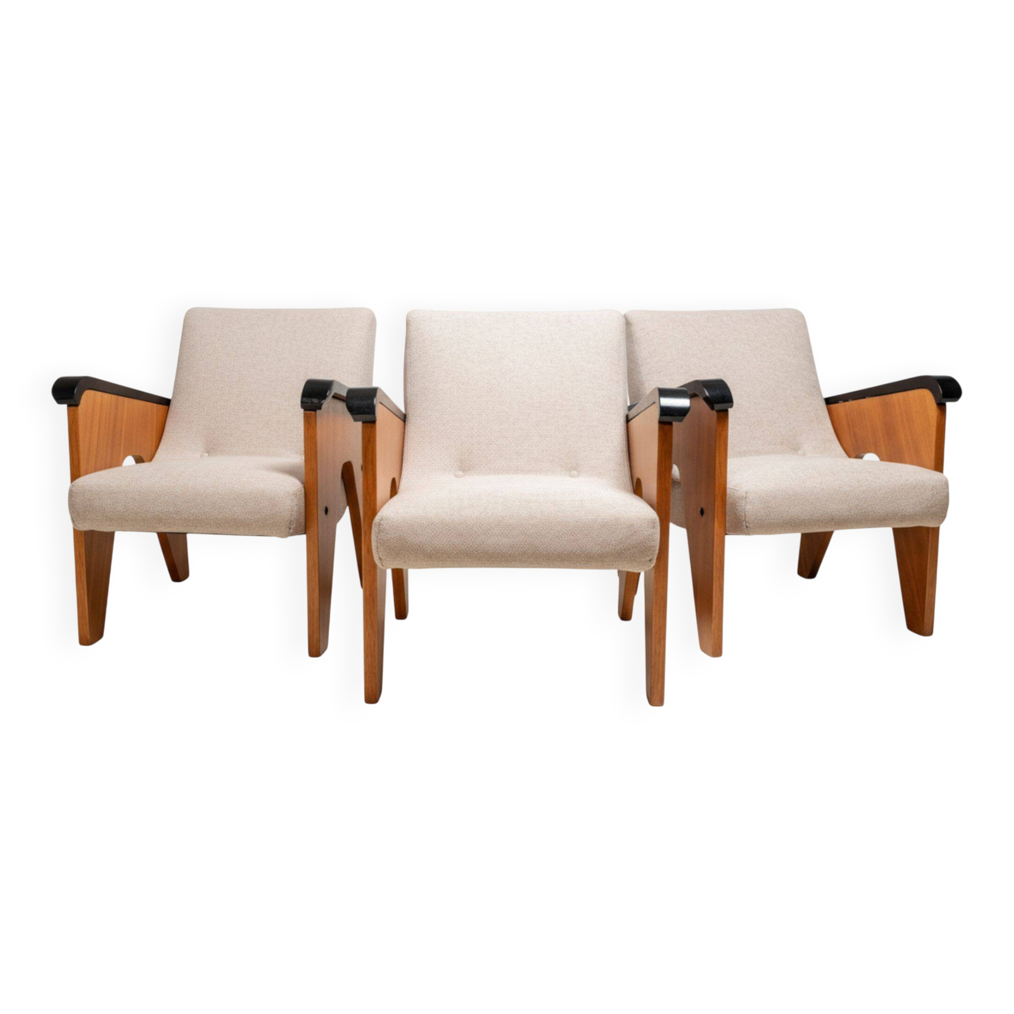 Vintage A-frame wooden armchairs, Czech design, 1950s, set of 3