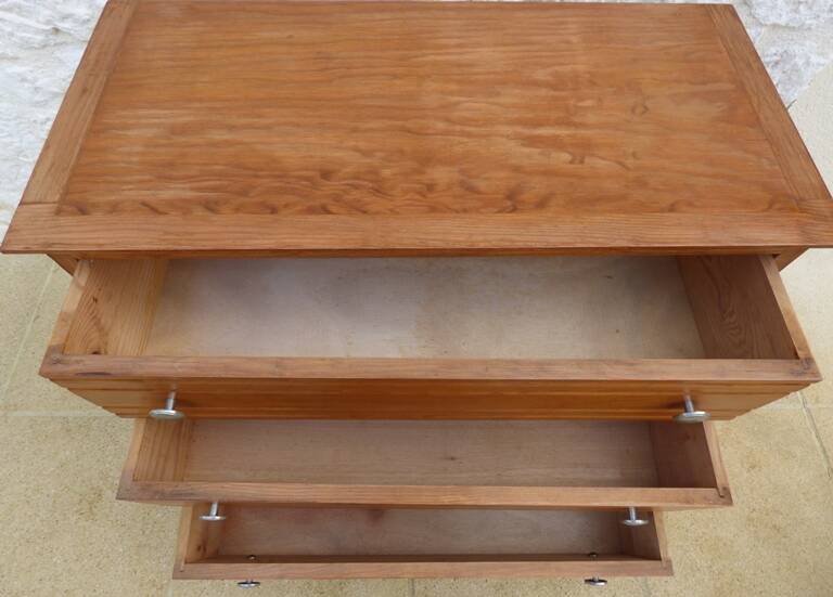 Antique post art deco chest of drawers circa 1940 in solid pine wood in its patina