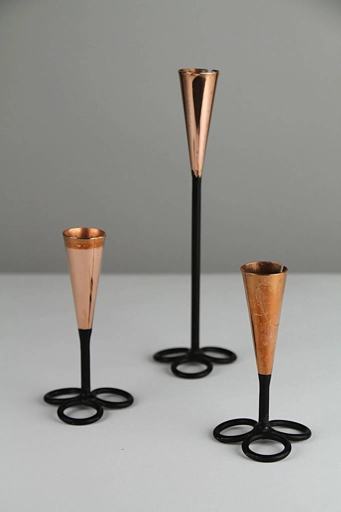Trio of Black Iron & Copper Candlesticks — Gunnar Ander for Ystad-Metall, Sweden, 1960s