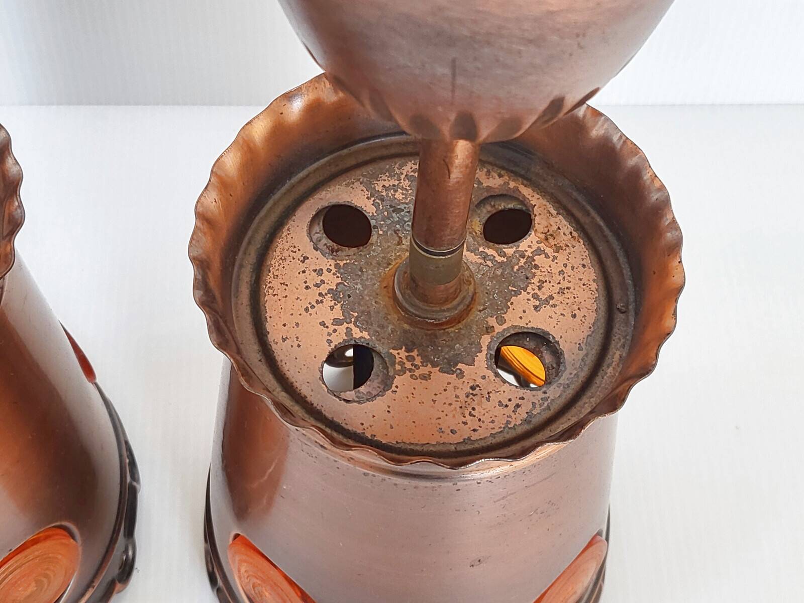 Pair of vintage 1970s brutalist suspensions in copper & orange plastic