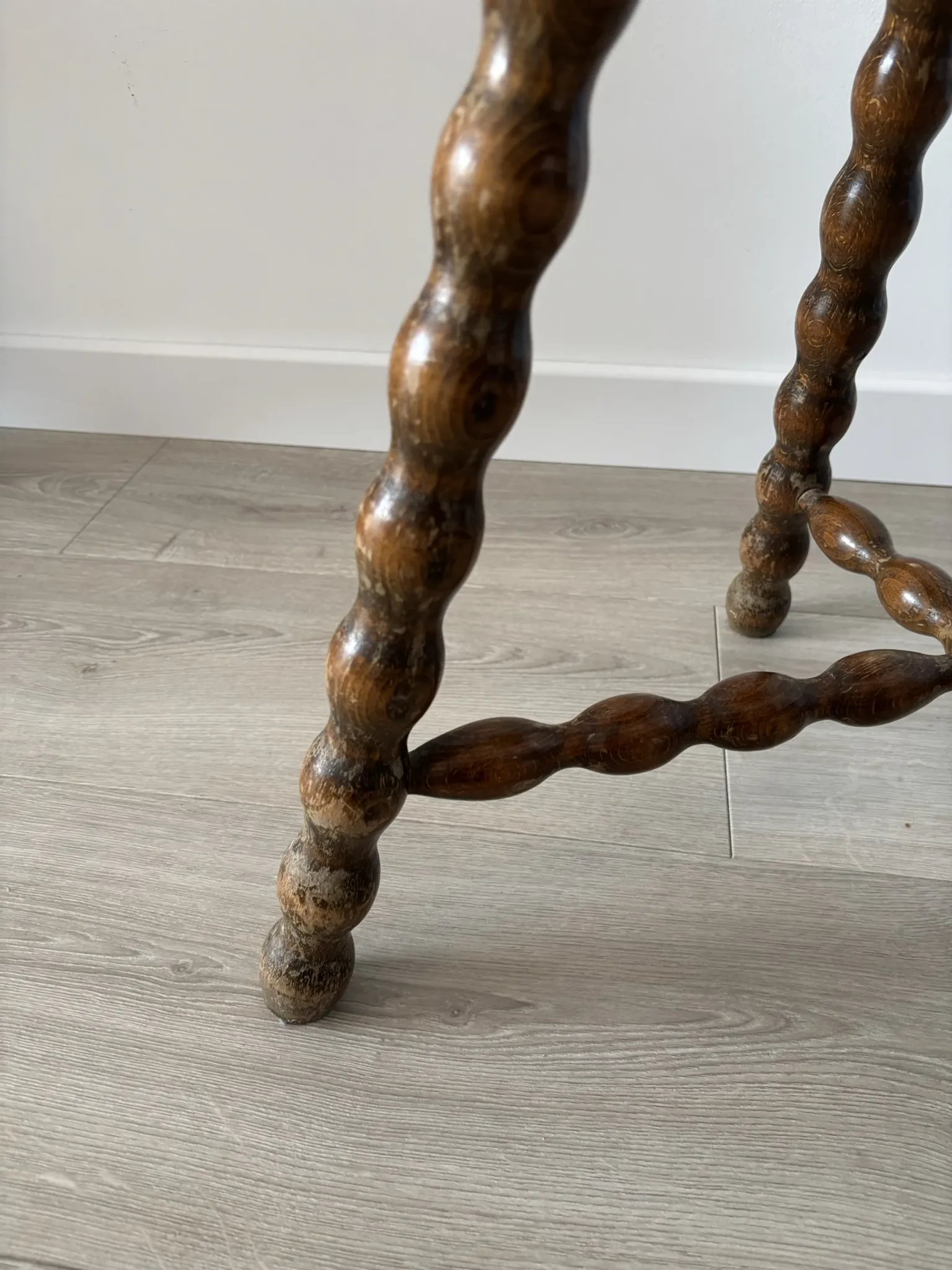 Antique tripod stool, solid wood, turned wood.