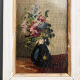 Huile sur panneau miniature - bouquet de fleurs