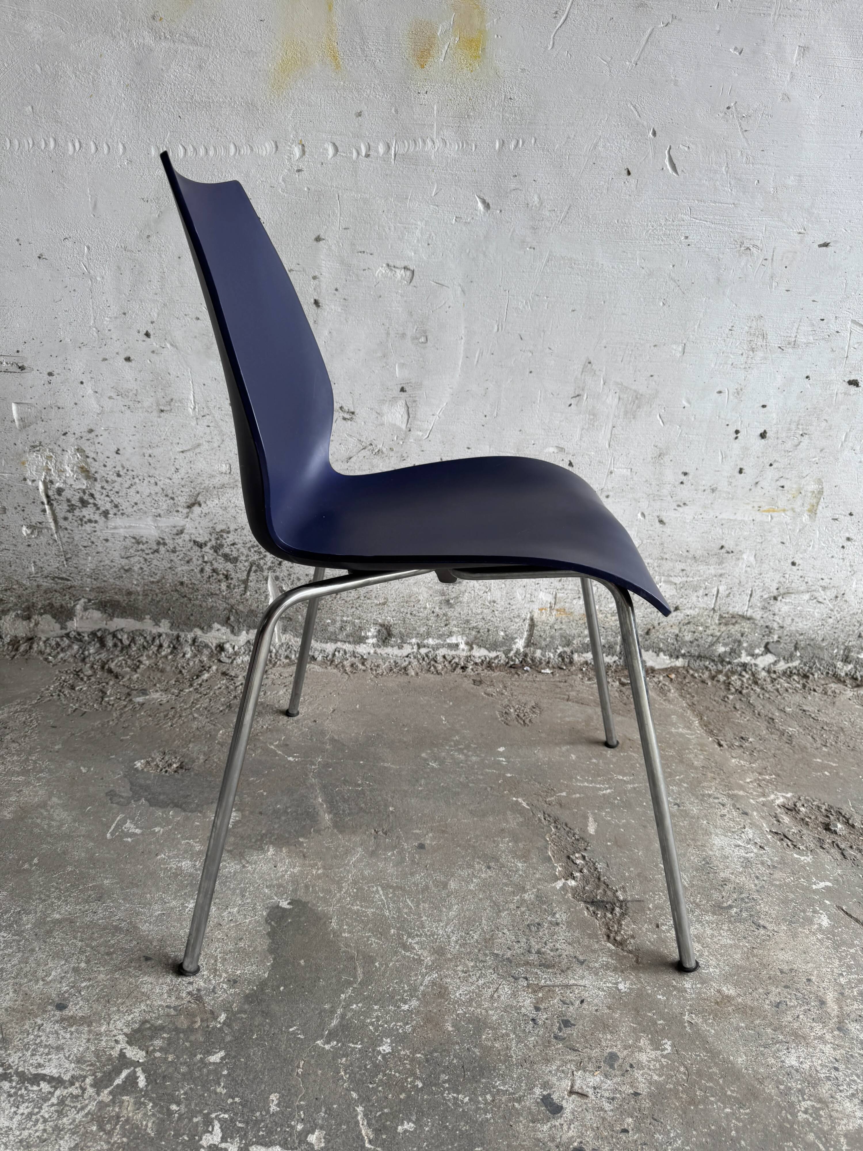 Set of 4 Kartell Maui Chairs — Navy Blue Polypropylene Seats, Chrome Legs, by Vico Magistretti