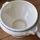 Antique Lonchamp white earthenware soup tureen with blue edging
