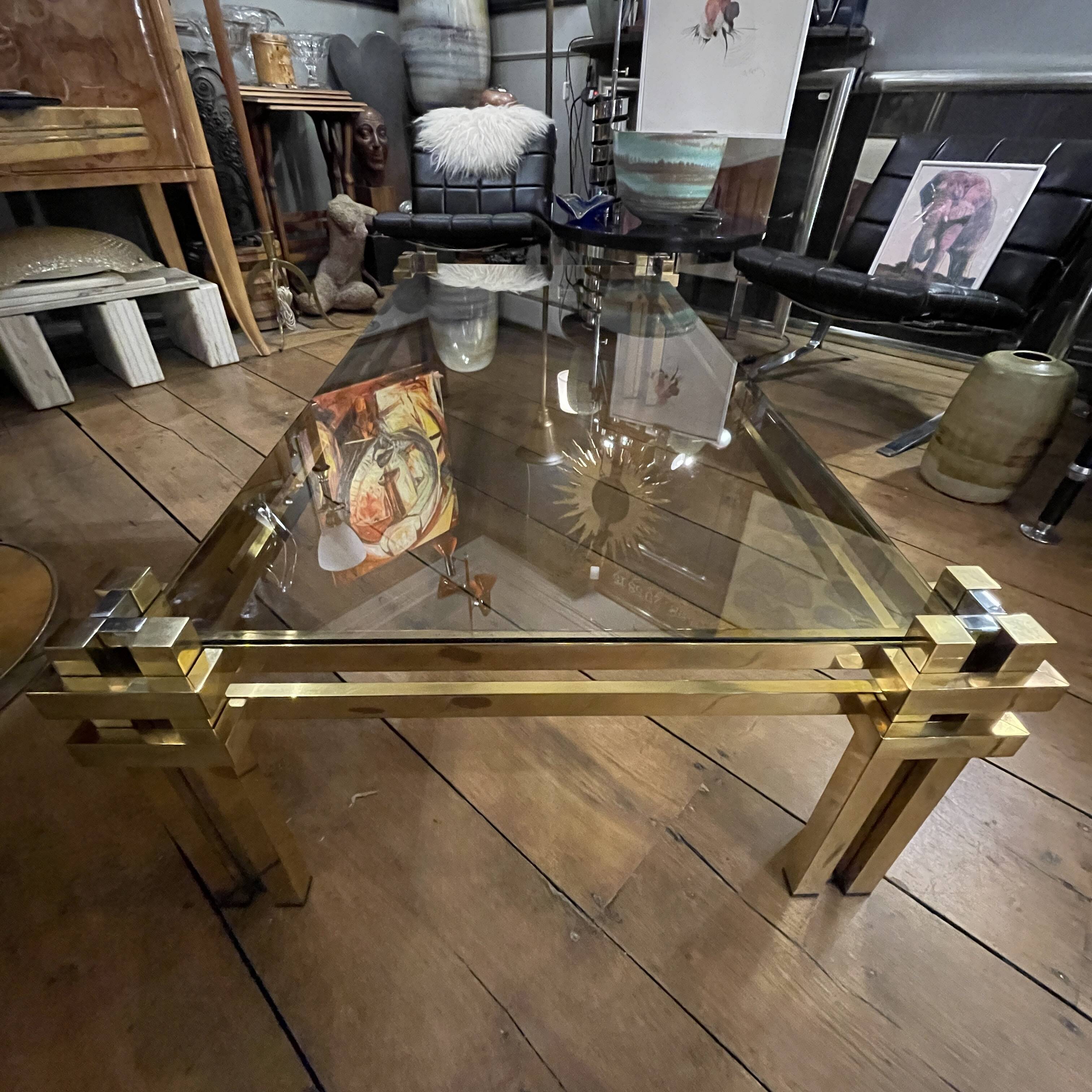 Vintage Romeo Rega coffee table, smoked glass, brass and chrome metal, Hollywood Regency design 1970s