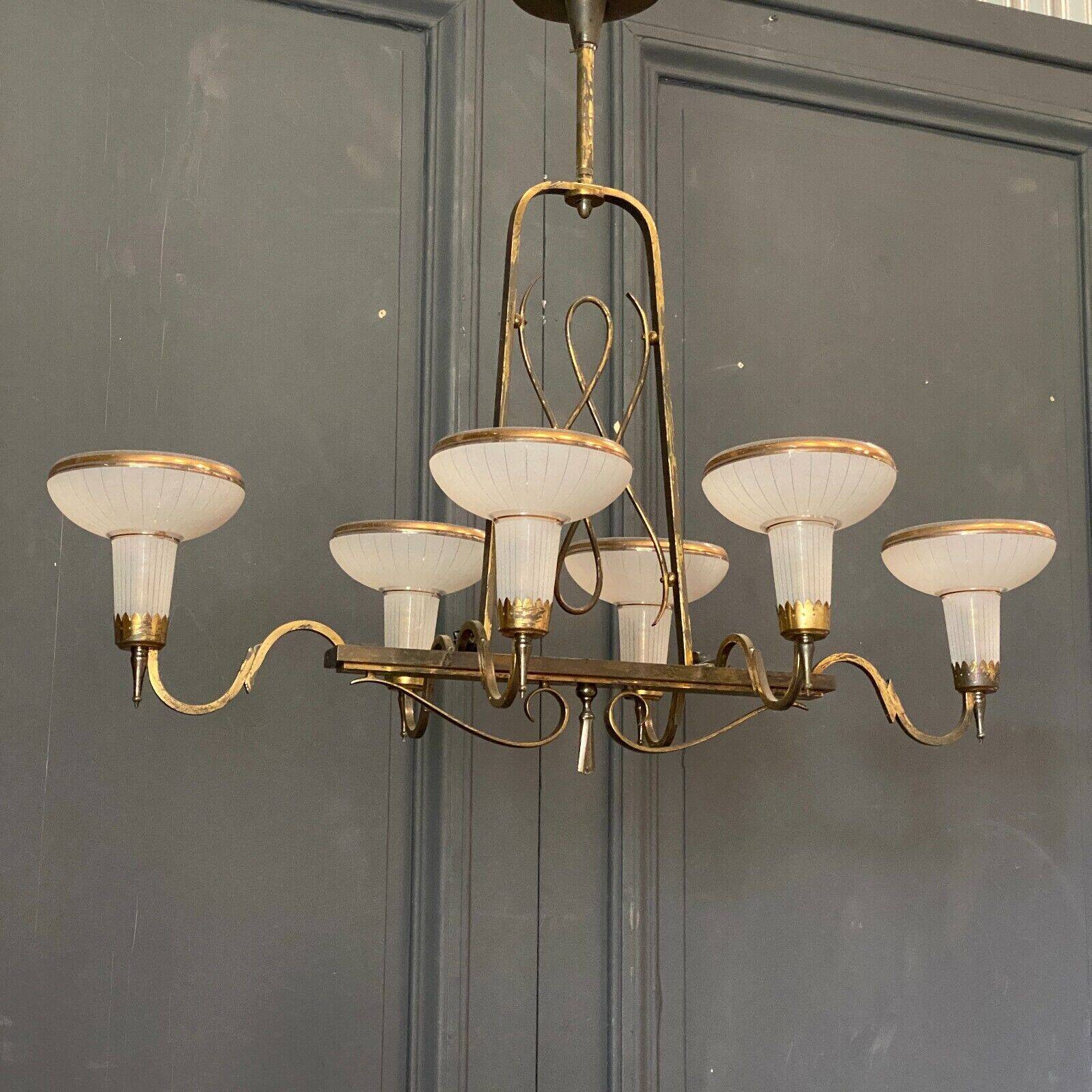Chandelier in gilded metal 1950 6 lights cut in frosted glass