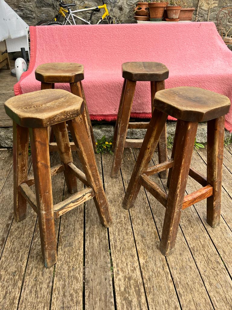 Set of 4 old vintage brutalist fir bar stools