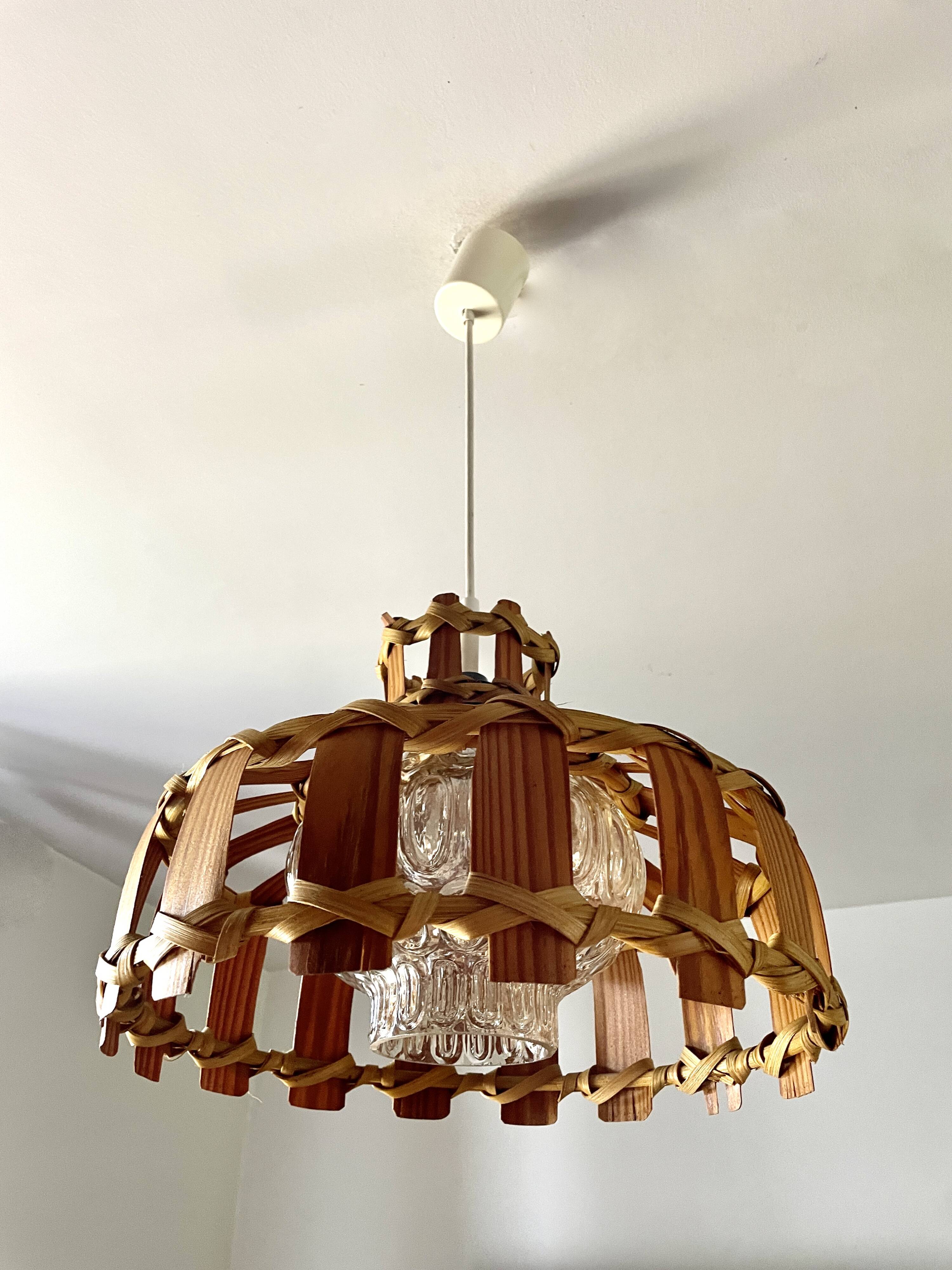 Scandinavian pendant light with wood veneer and bubble glass, 1970