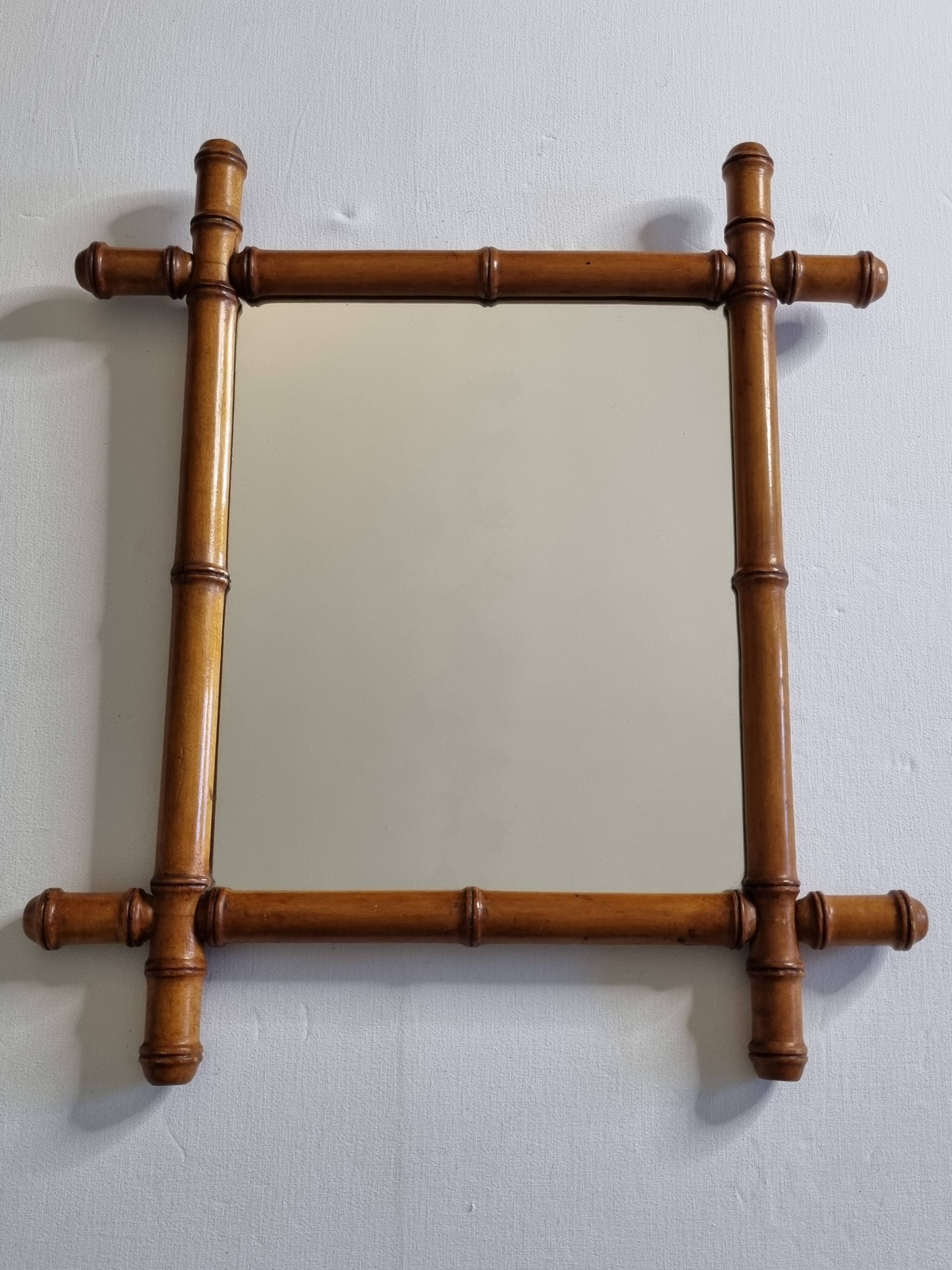 Antique mirror in turned bamboo-style wood, 46 x 54 cm