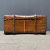 Antique brown travel case with wooden slides from the early 1900s