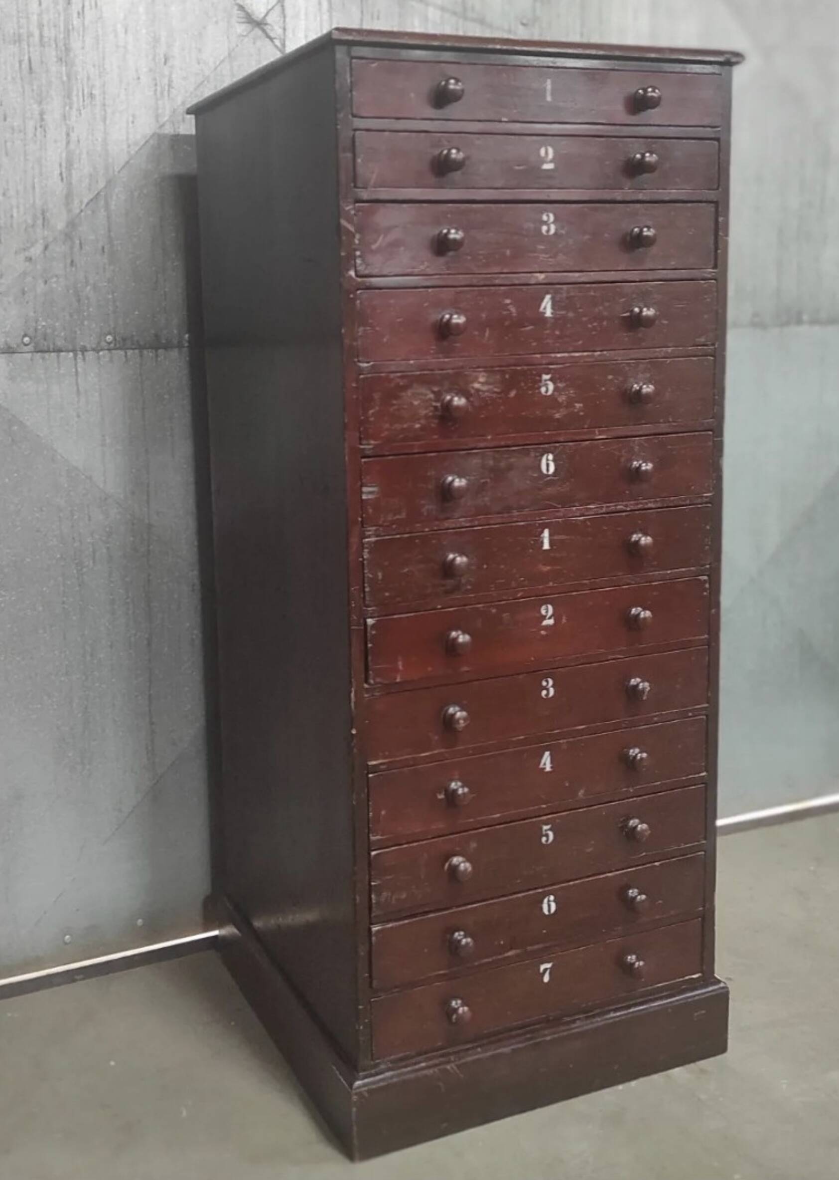 Vintage Drawer Cabinet with Dark Patina and Stenciled Letters