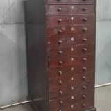Vintage Drawer Cabinet with Dark Patina and Stenciled Letters