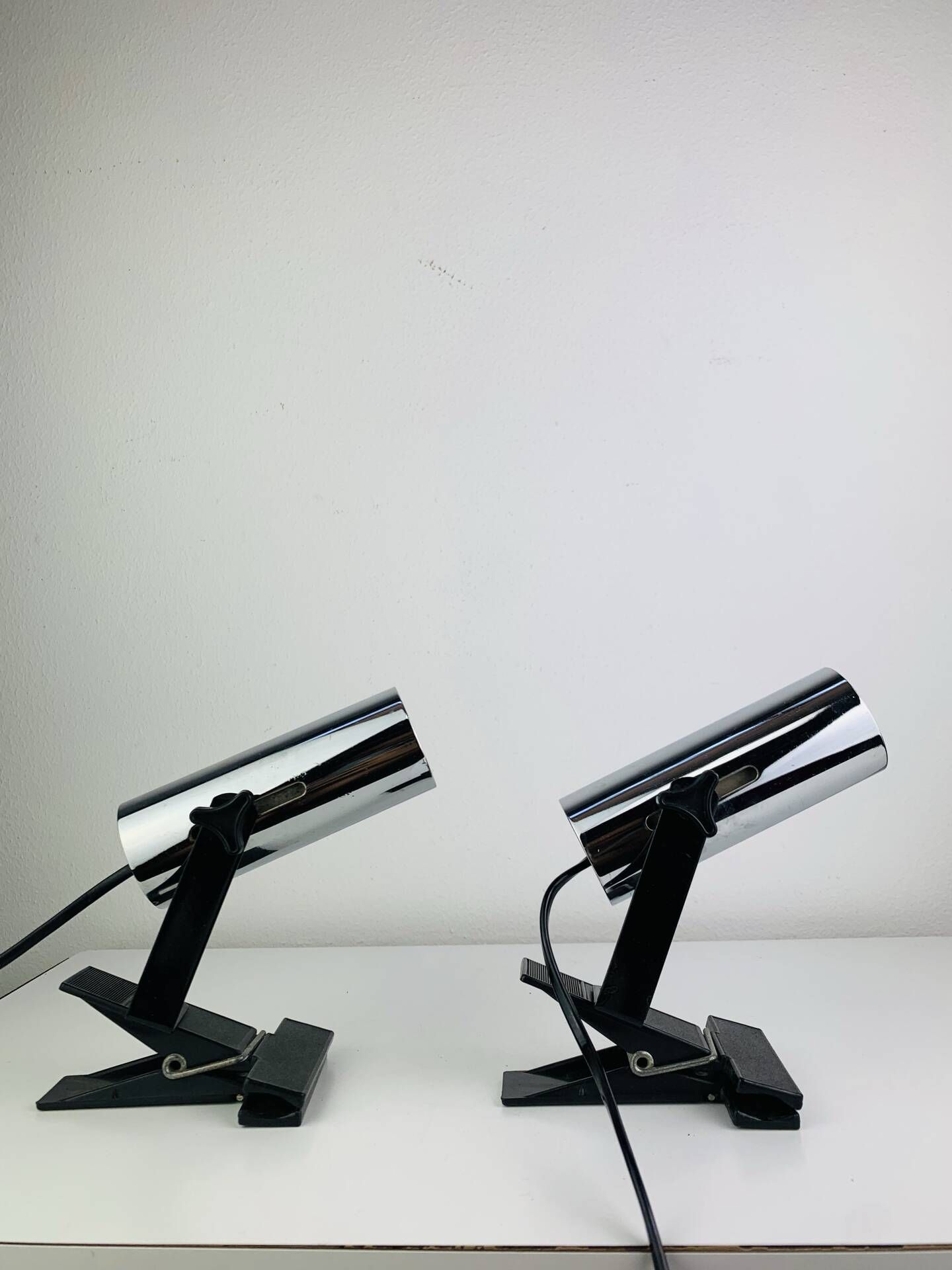 Pair of chrome clip-on spotlights, 1970s