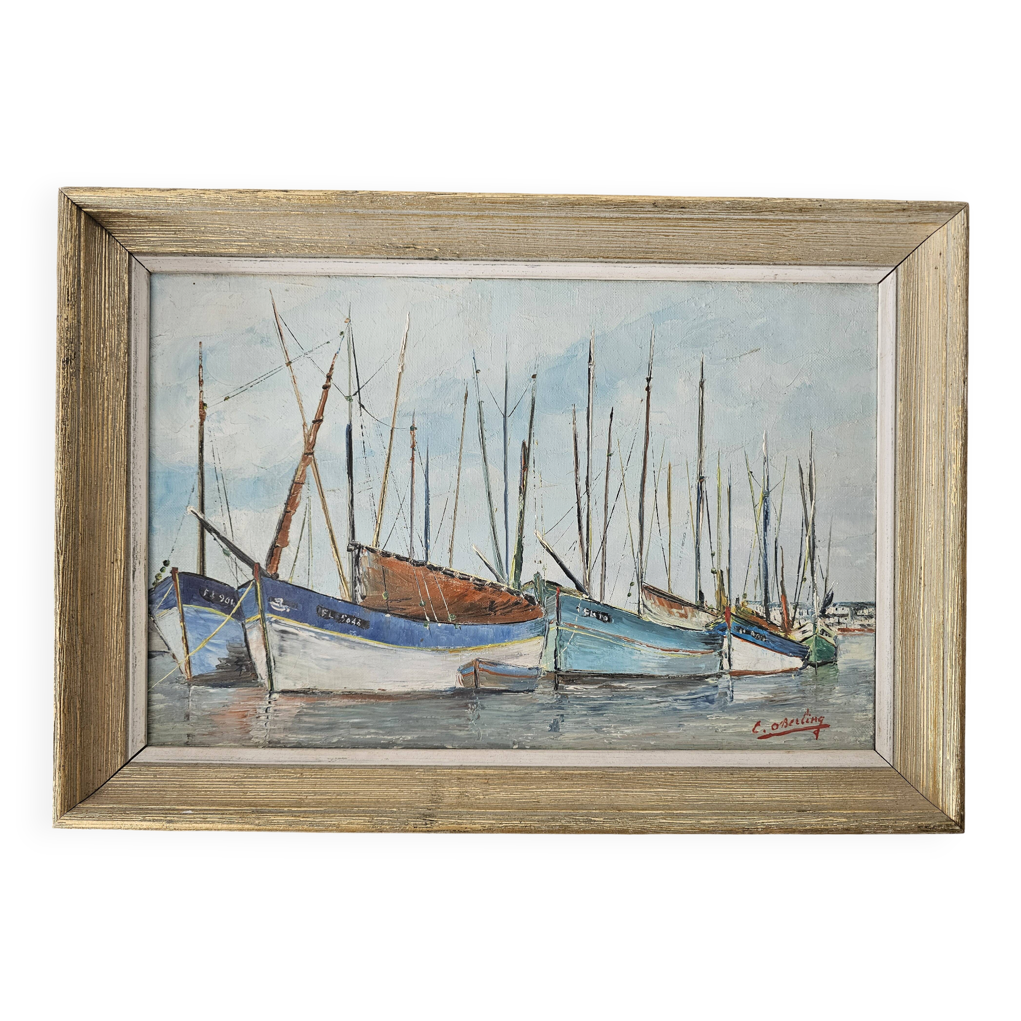 Oil on Canvas Painting Landscape Sailboats Marine - Signed C O'BERLING