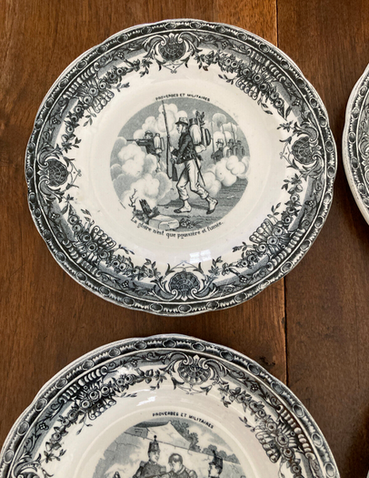 Servide 6 old dessert plates - proverbs and military - porcelain of gien