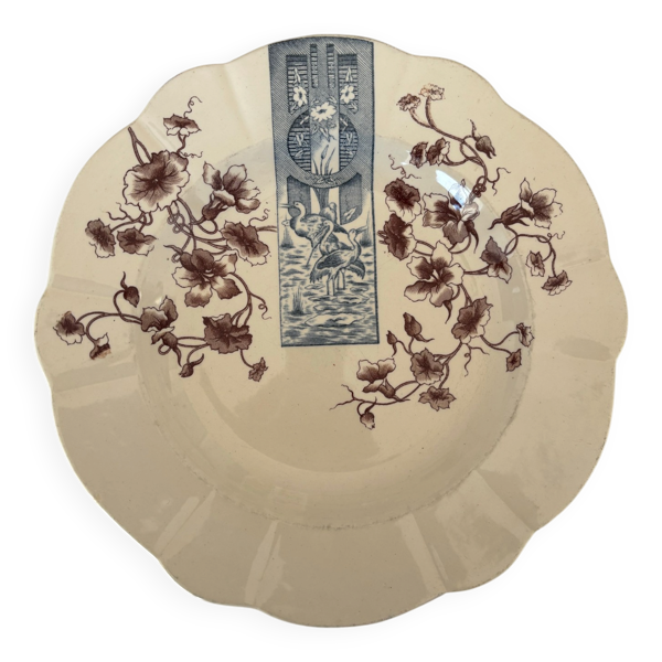 Assiette terre de fer sépia et bleu Longchamp - terre de fer cigognes