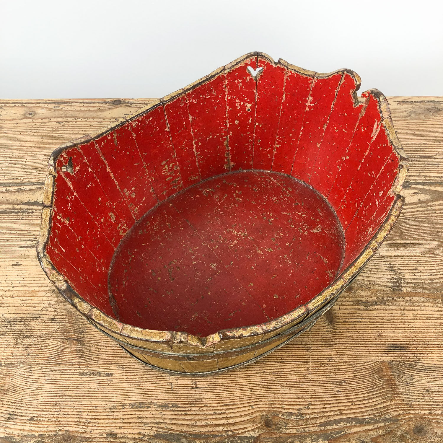 Antique cocked painted wooden bucket wash tub German Folk art