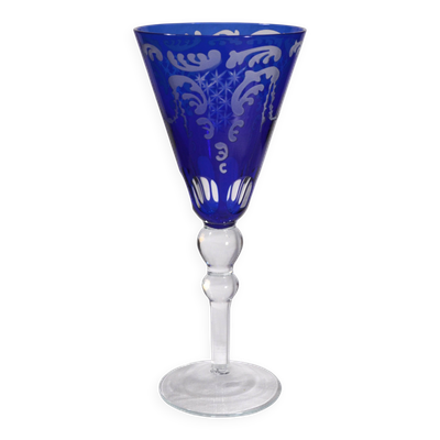 Verre à pied motif bleu cobalt et verre dépoli, 10x24cm