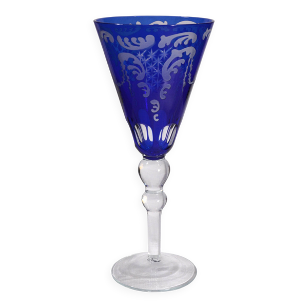 Verre à pied motif bleu cobalt et verre dépoli, 10x24cm