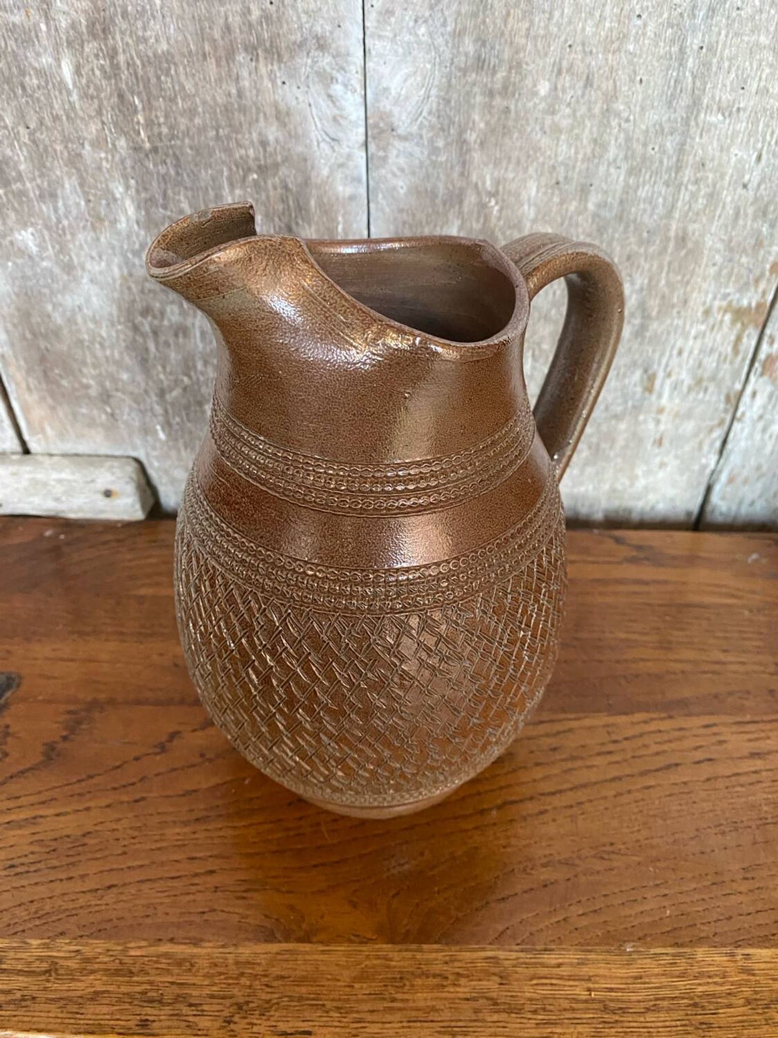 Antique brown stoneware pitcher geometric chiseled decor made in france vintage