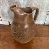Ancien pichet grès marron décor ciselé géométrique made in france vintage