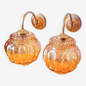 Pair of 70s amber glass wall lights