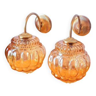 Pair of 70s amber glass wall lights