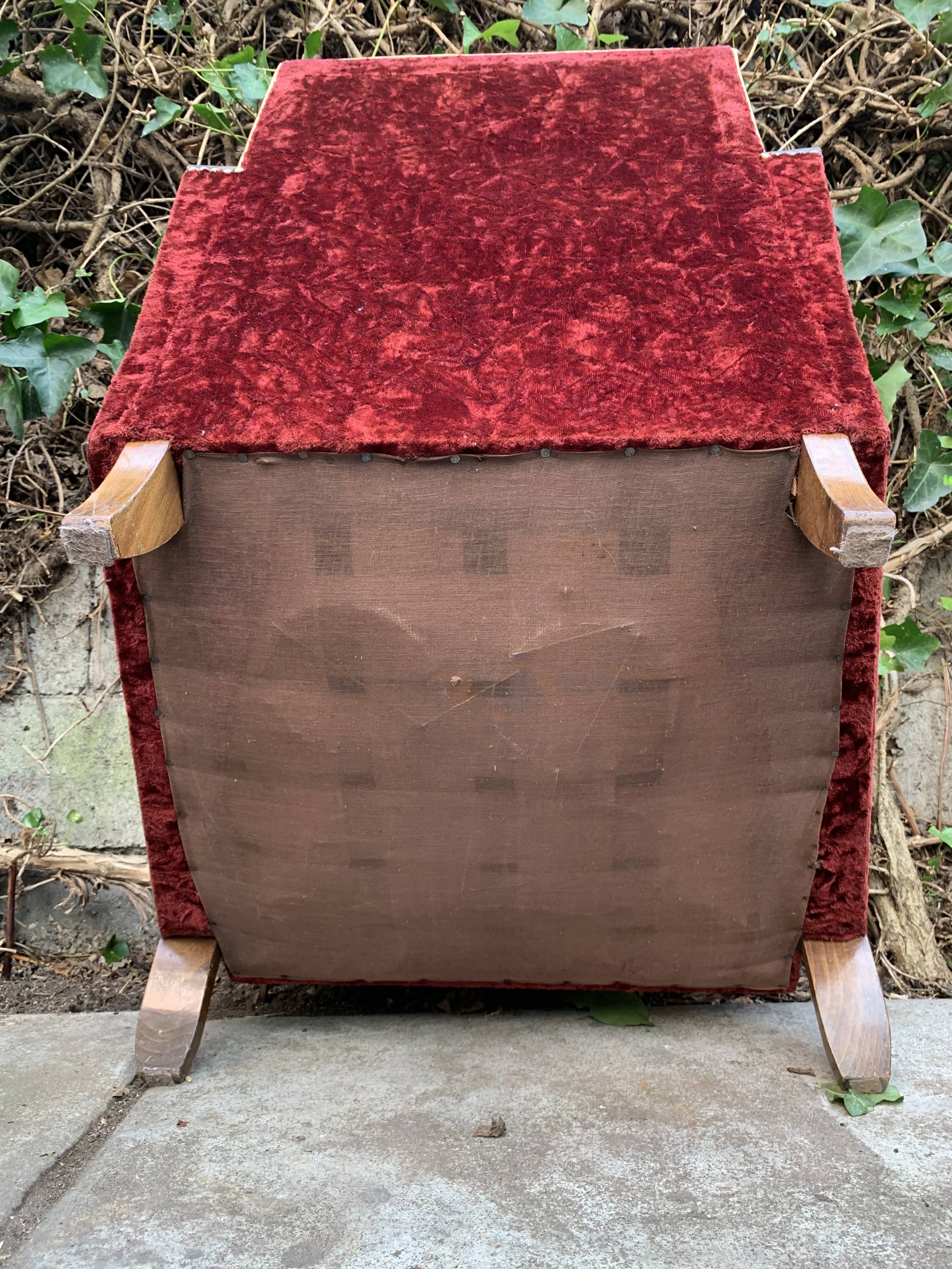 Pair of Art Deco club armchairs in burgundy red velvet, 1930s