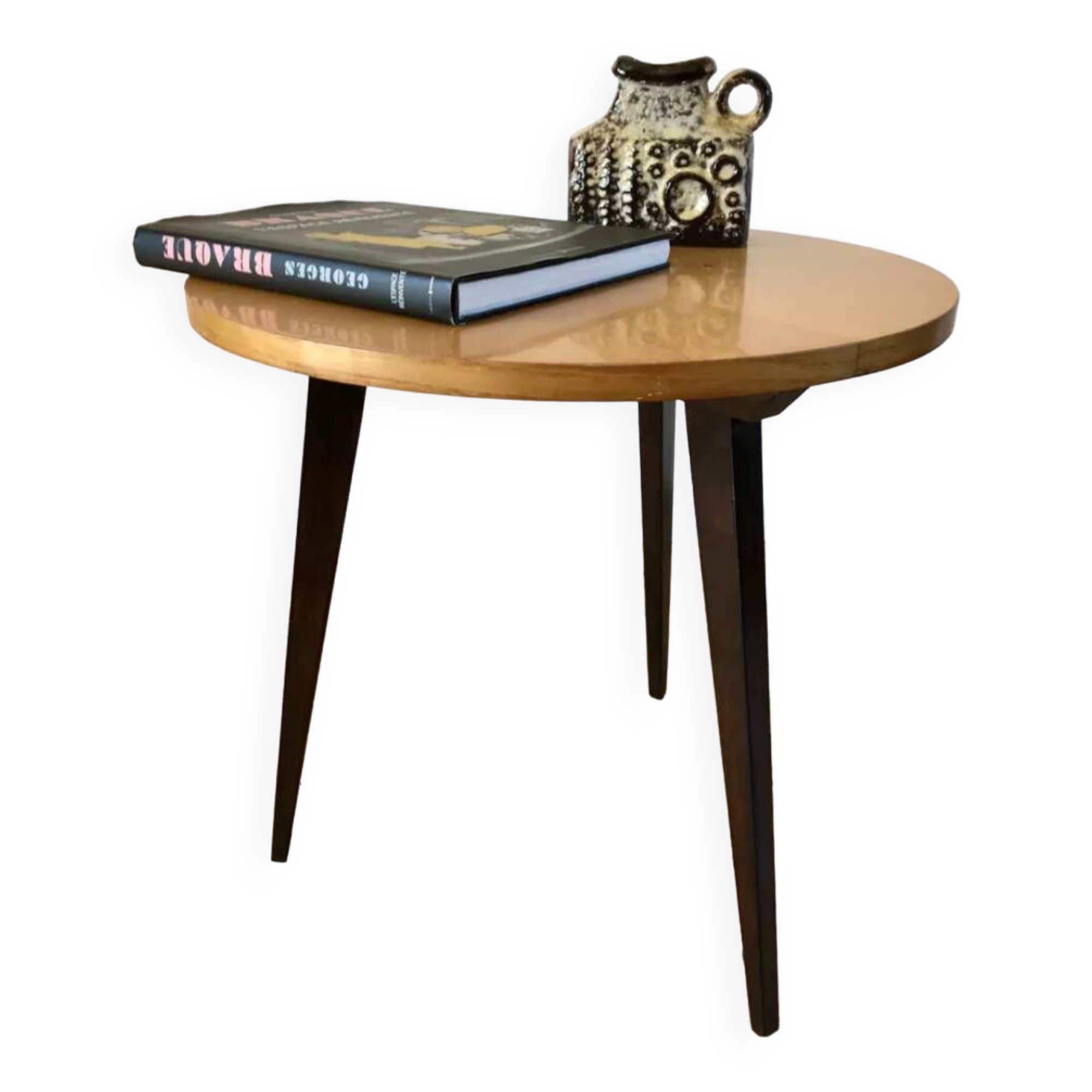 Tripod coffee table in wood and two-tone marquetry Scandinavian design 50s-60s