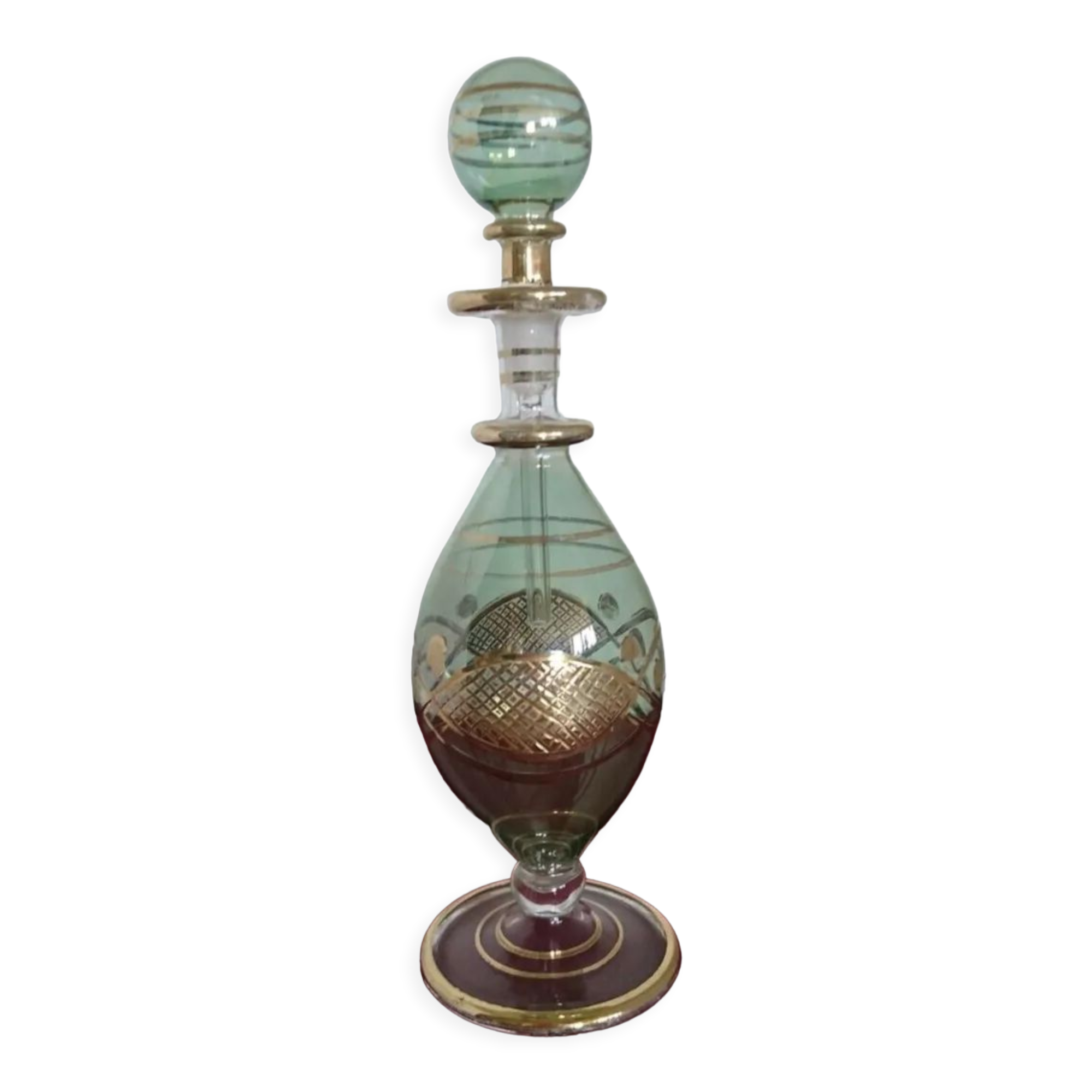 Vial / perfume bottle in tinted and cut glass golden border