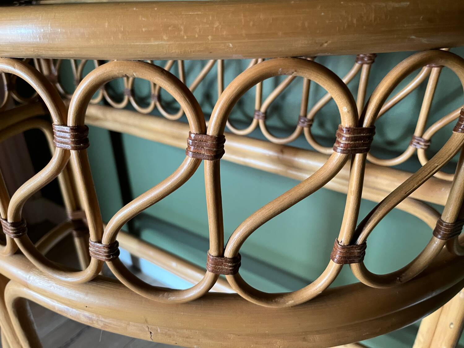 Vintage bamboo rattan half-moon console