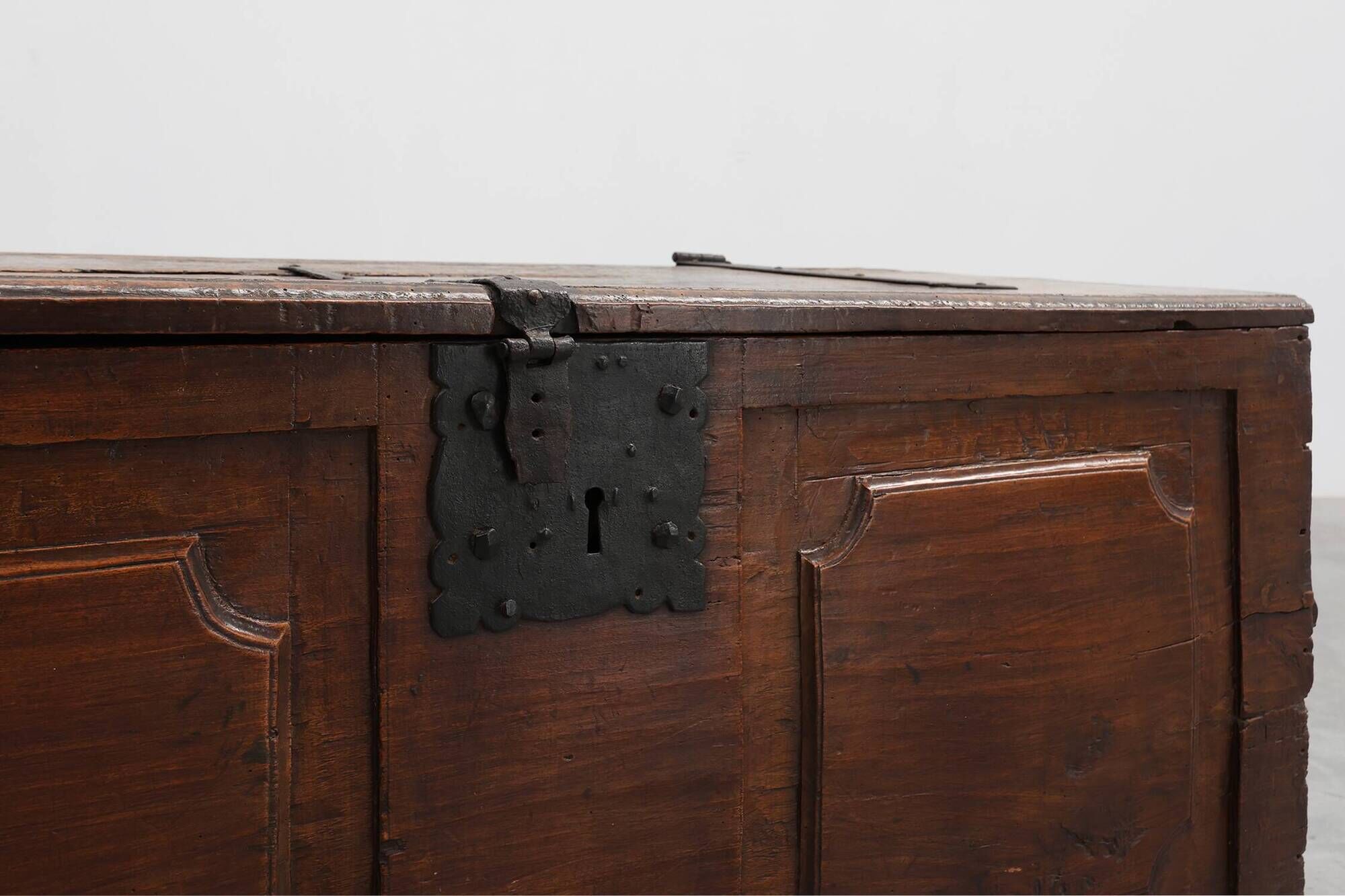 Flemish Oak Blanket Chest with panelled front and iron lock, dated 1825