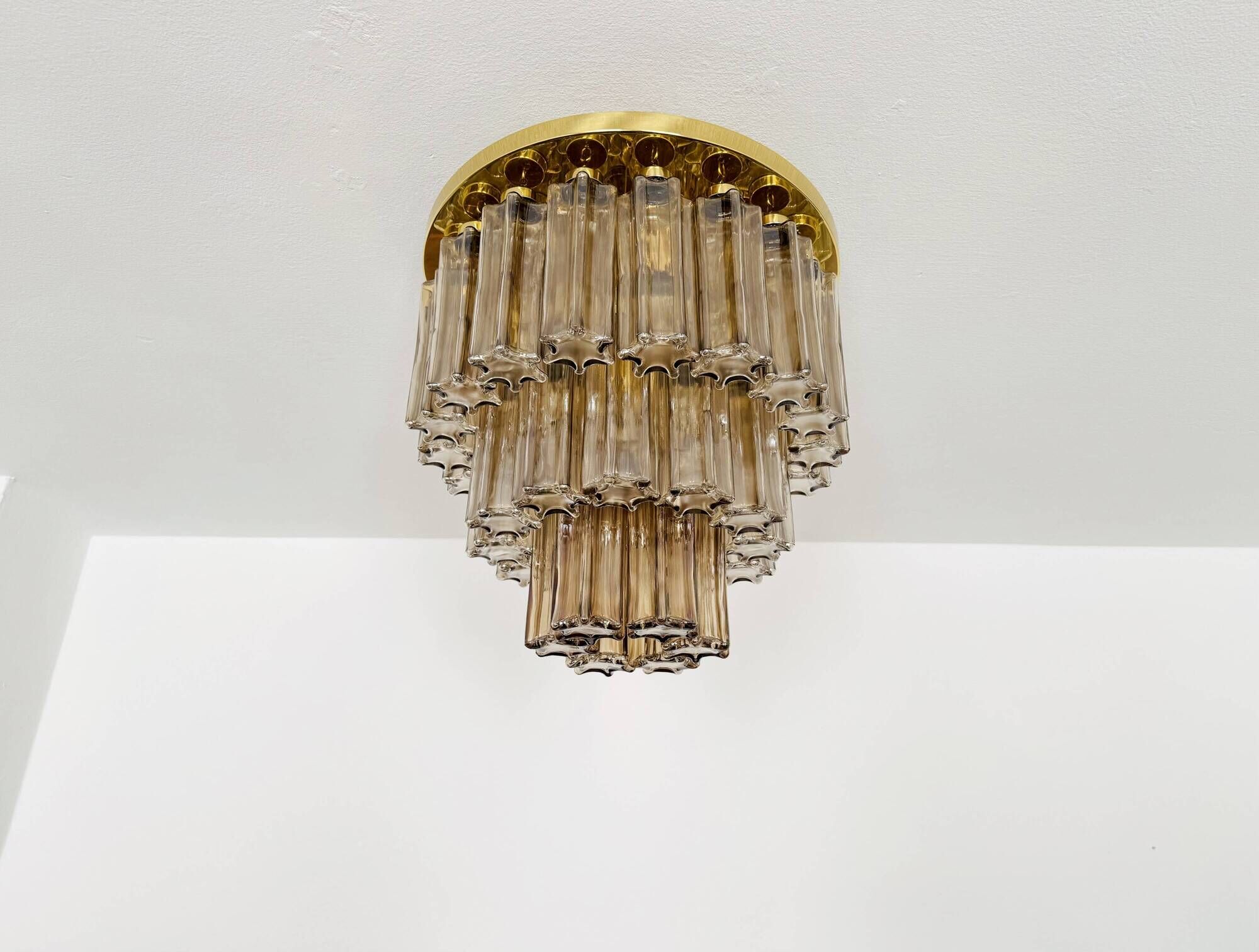 Brass and Smoked Glass Chandelier by Glashütte Limburg
