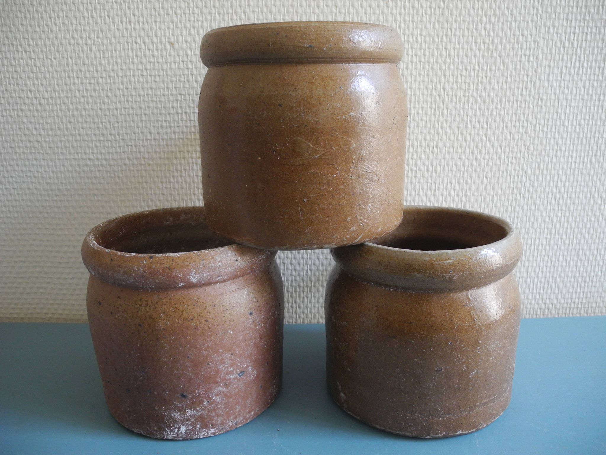 Lot of antique rustic stoneware pots, old French stoneware pots