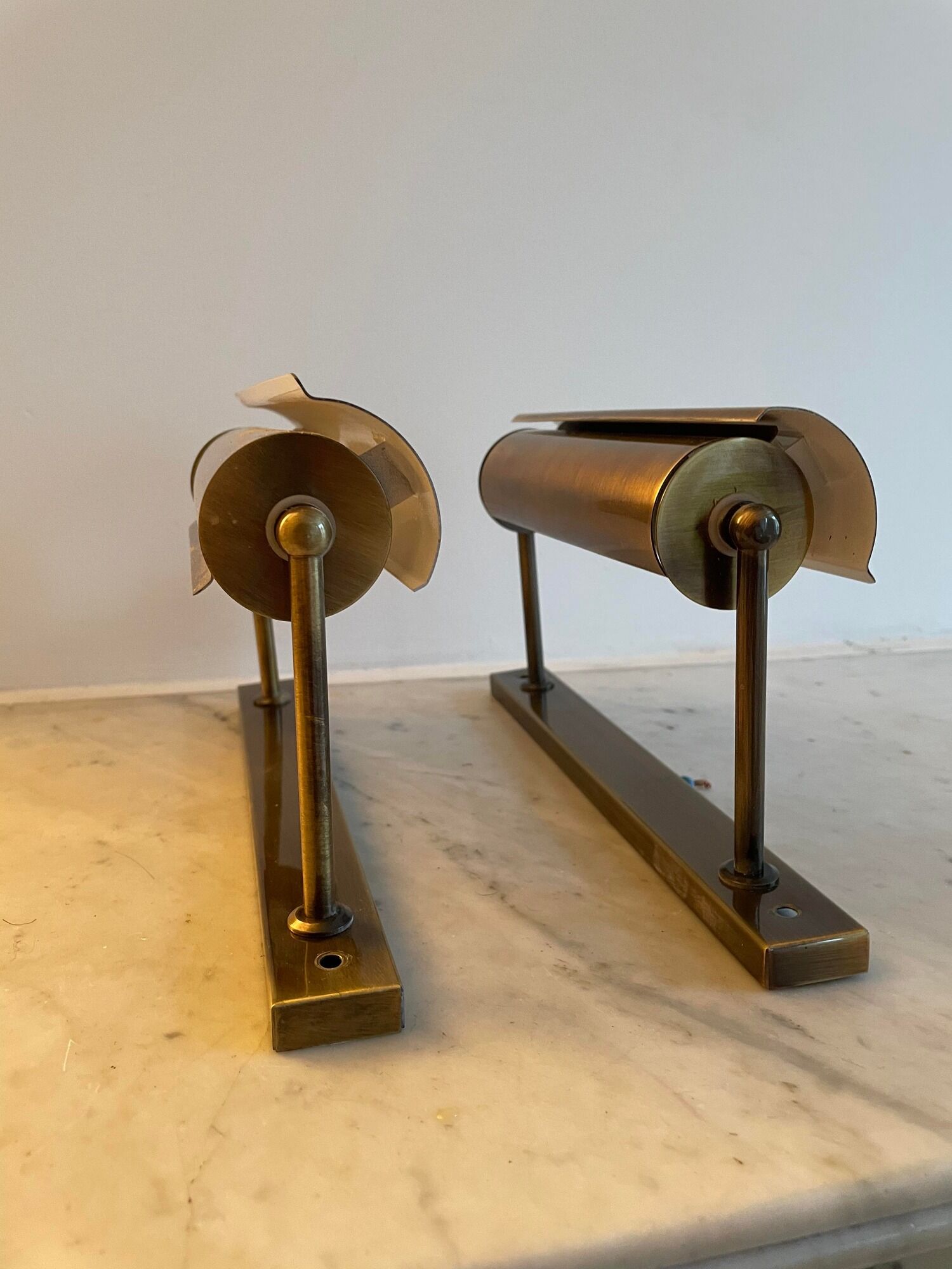 Pair of adjustable vintage wall lamps, matte brass, France 1970