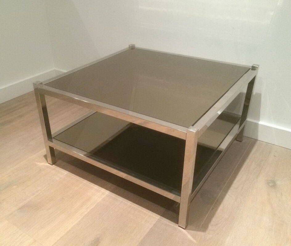 Pair of large side tables in chrome and bronze mirrors