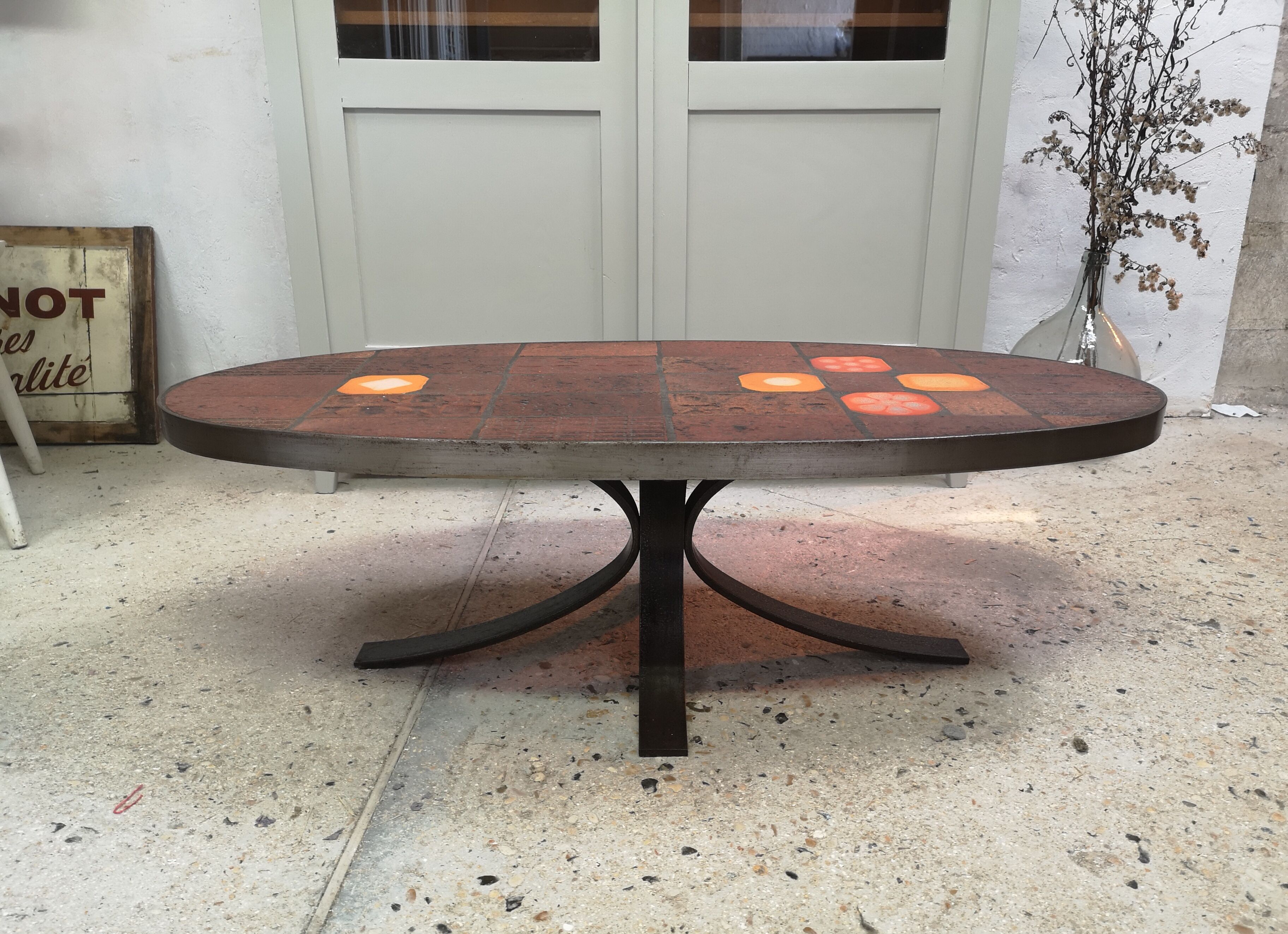 Oval ceramic coffee table 60 70 vintage Jaffeux