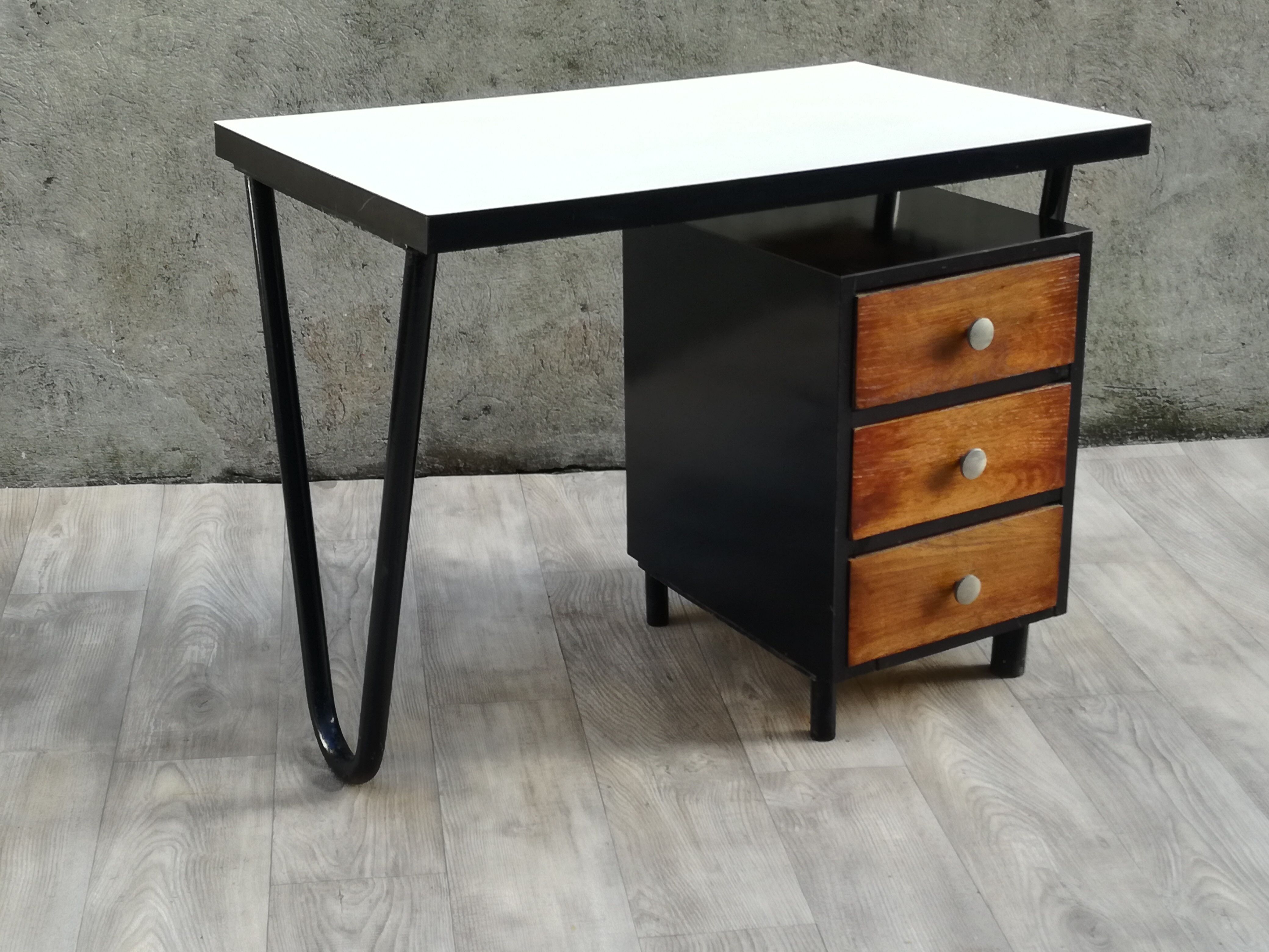 Modernist desk in metal and wood, 1950 s