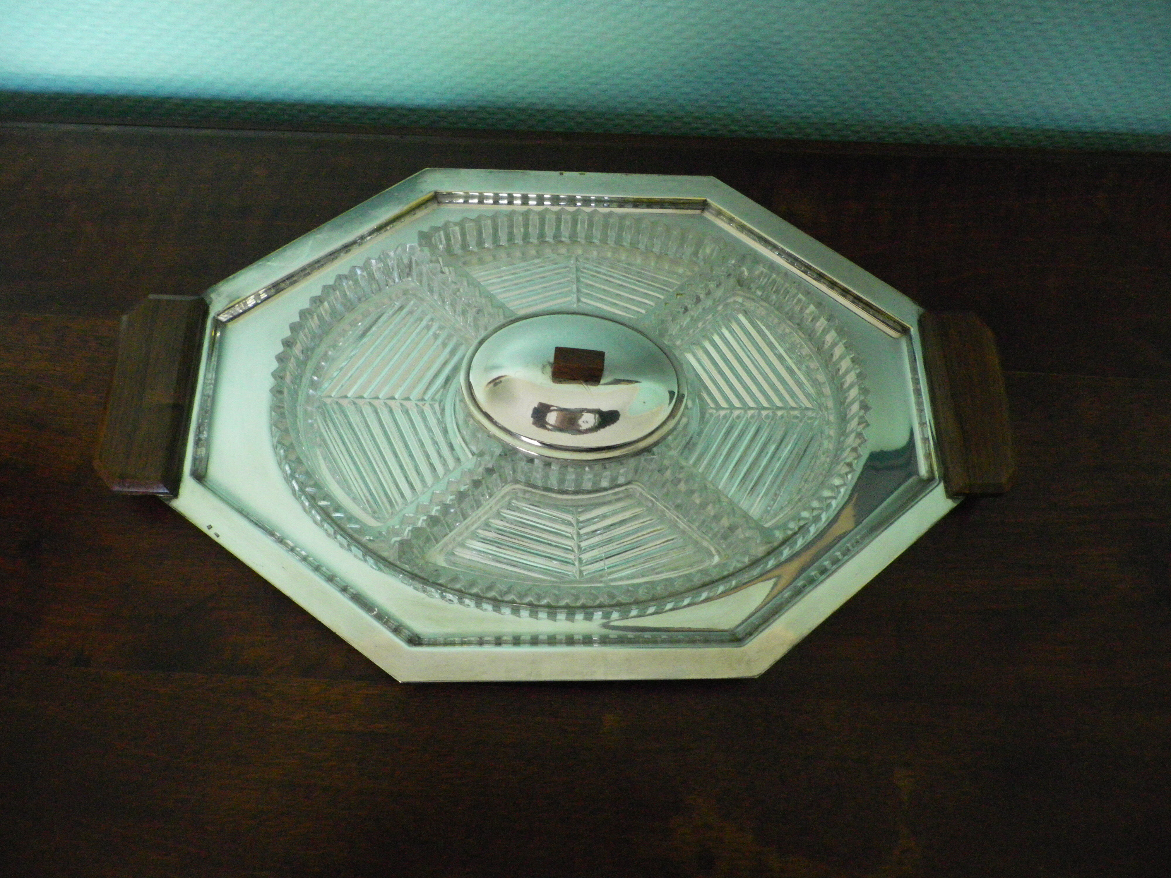 5-compartment thick glass servant - Silver metal with punch - Wooden handles - 1950/60