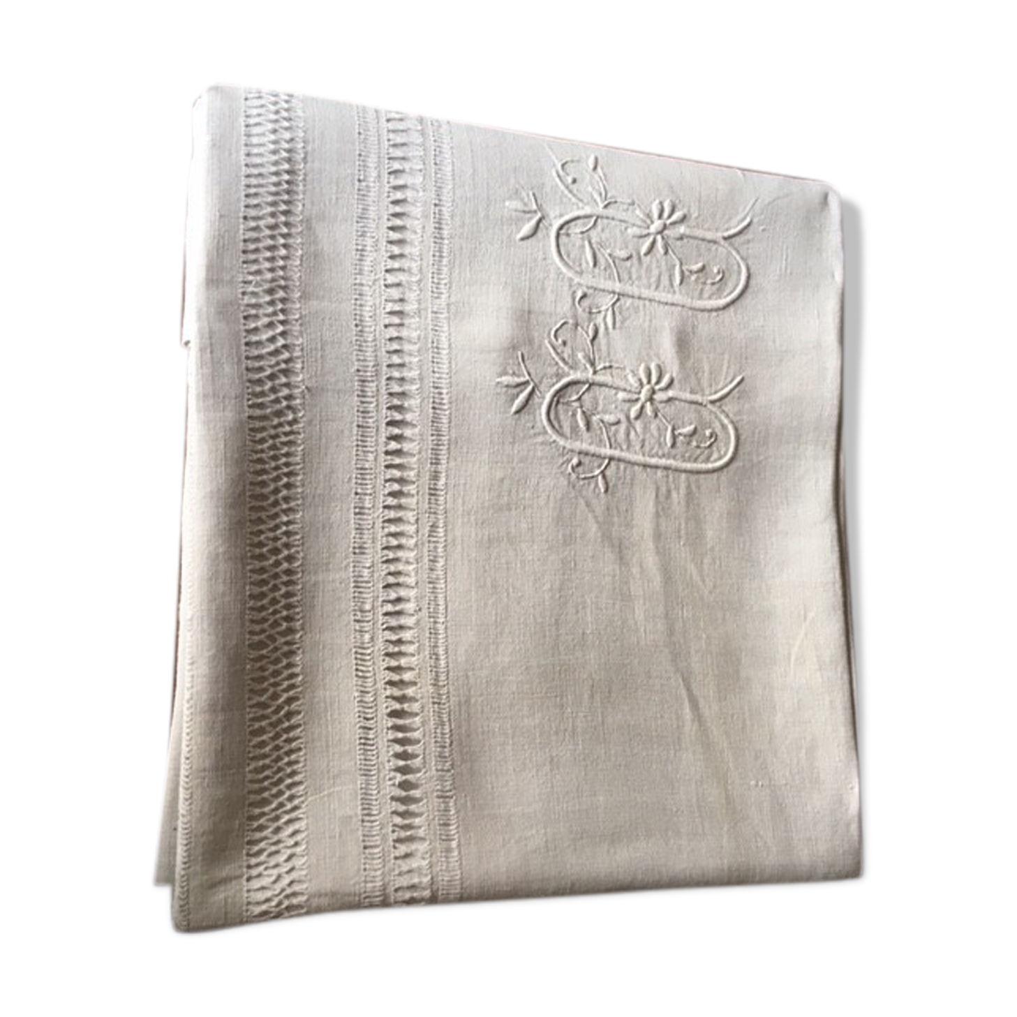 antique linen hand embroidered sheet with monogram and days