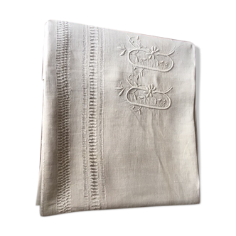 drap ancien brodé main en lin avec monogramme et jours