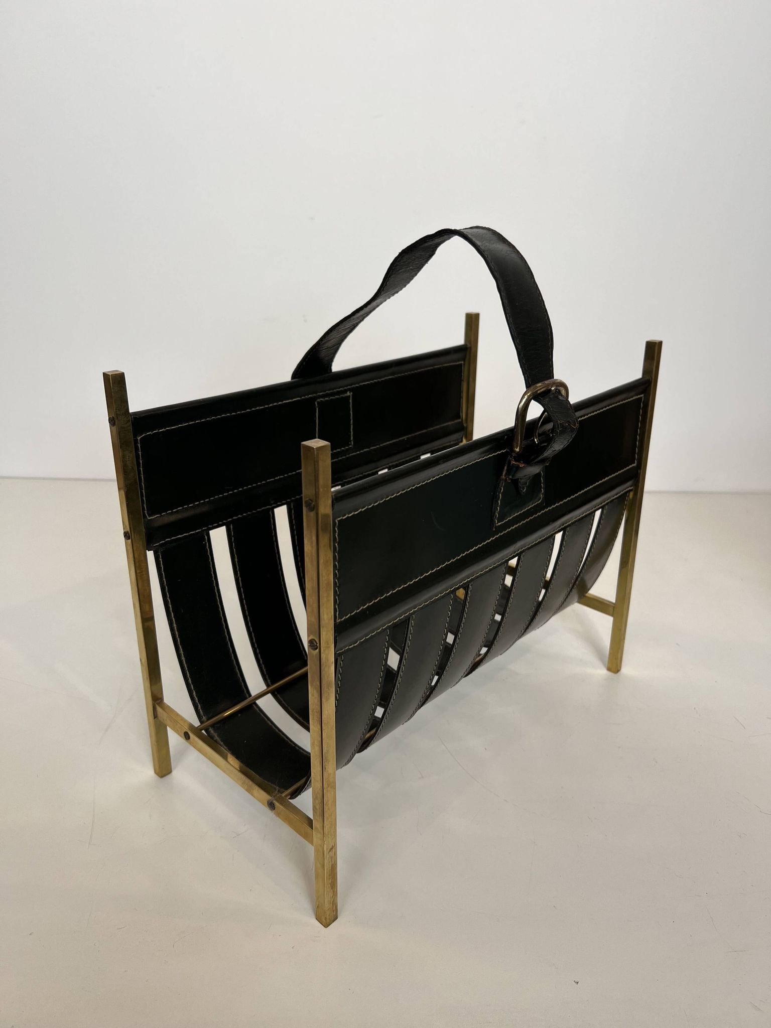 Black Leather Quilted Magazine Holder with Brass Loop Handle. Work