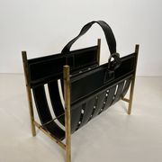 Black Leather Quilted Magazine Holder with Brass Loop Handle. Work