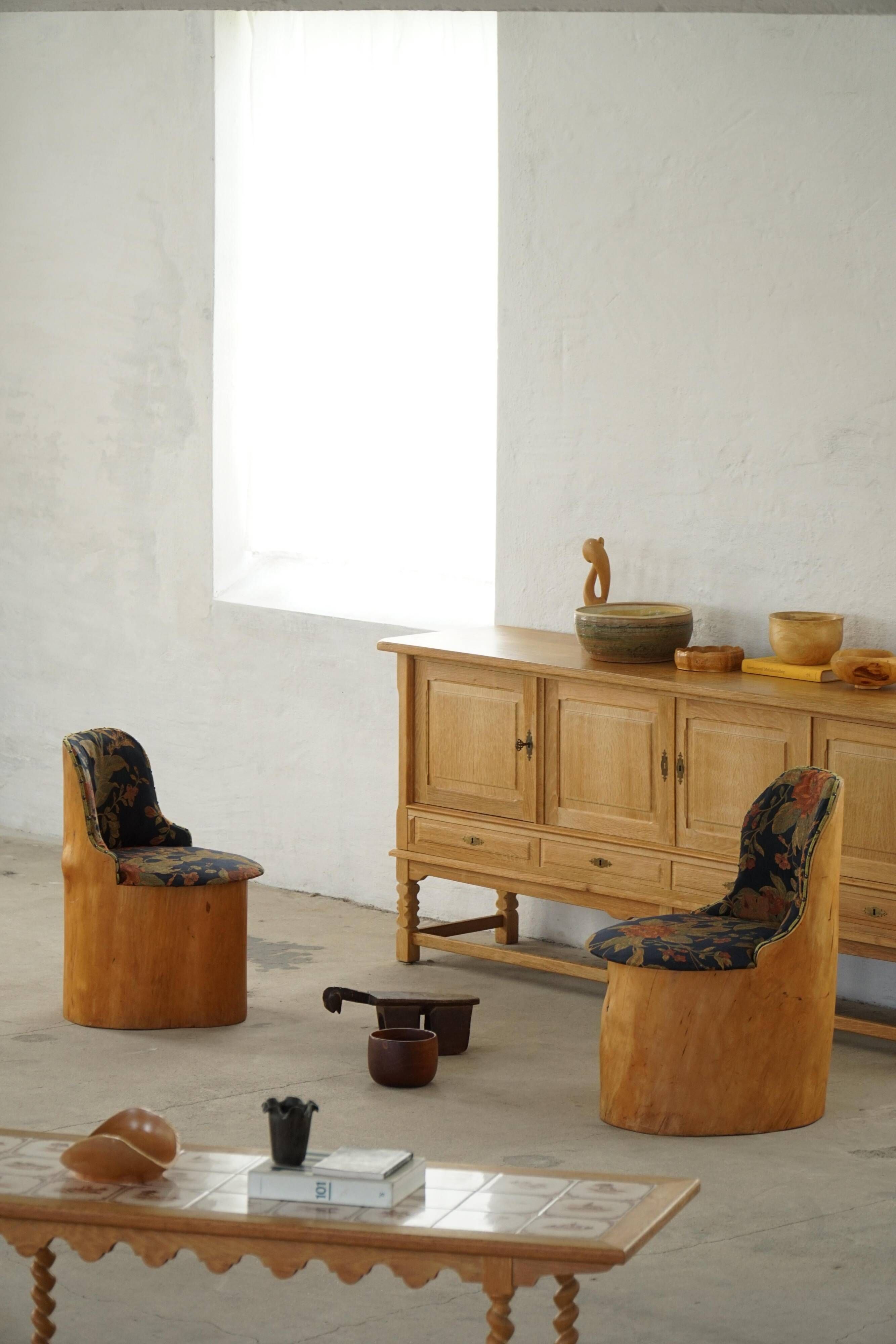Swedish stump chair / "Kubstol" in pine and floral upholstery, mid-20th century