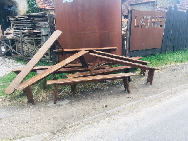 lot of 10 '30s bistro benches in pretty pattine fir