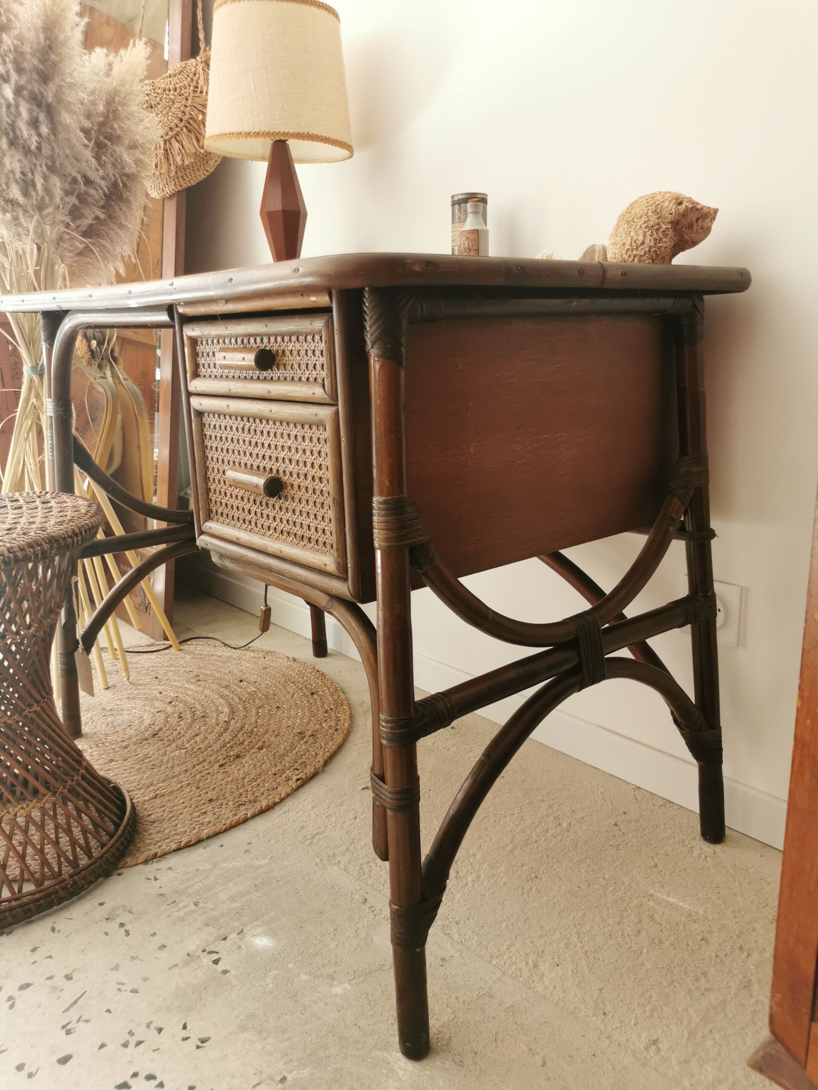 Rattan desk and vintage canning