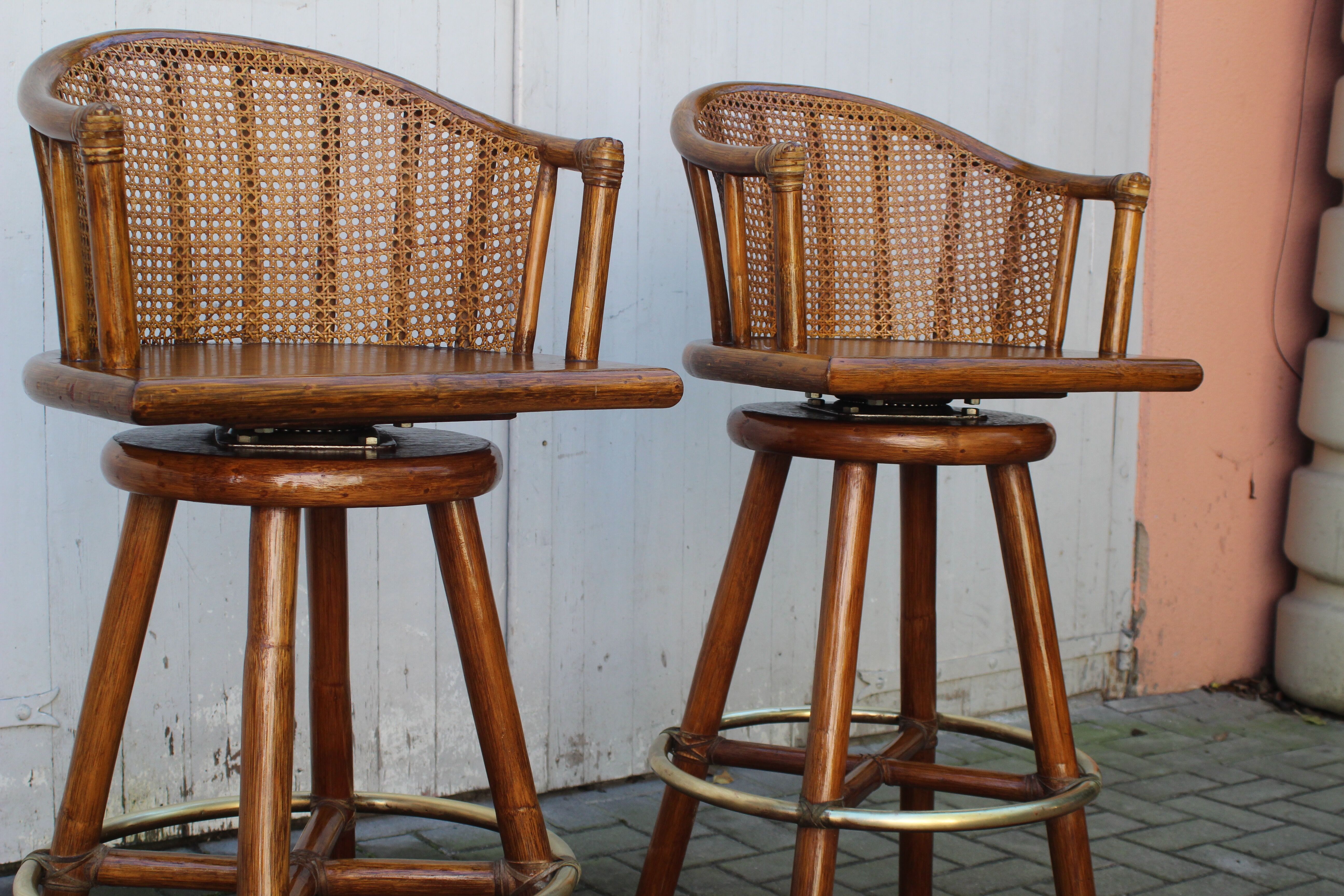 Pair of bamboo bar stools full canned colonial style 1960